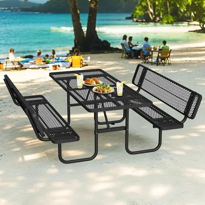 79'' Steel Rectangular Picnic Table for Outdoors, with backrest, Expanded, Lifetime Picnic Table with Umbrella Hole, Heavy Duty Sturdy Commercial Picnic Tables for Garden Courtyard BBQ, Black by GreenHaven Gardens