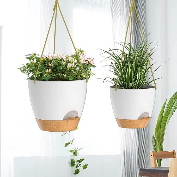 ZMTECH 10 Inch Hanging Planters for Indoor Outdoor Plants, 2 Pack Self Watering Hanging Plant Pots with Drainage Holes and Removable Saucer, Plastic Flower Hanging Pots with Watering Lip (White) by GreenHaven Gardens
