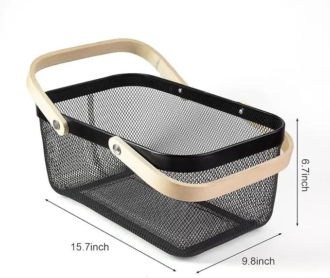 Portable Garden Harvest Basket-Mesh Design Natural Bamboo Handle Wire Storage Baskets,Mesh Basket with Handle Organize Items Reduce Space Occupation,Suitable for Kitchen,Garden,Picnic(Black) by GreenHaven Gardens