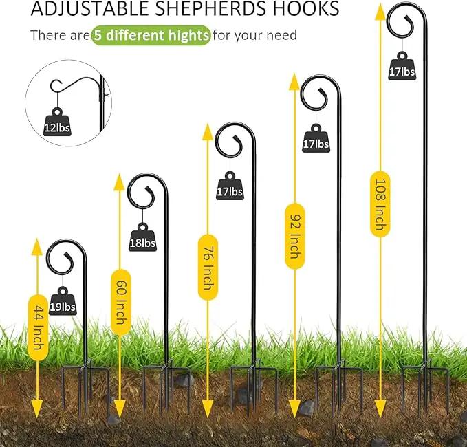 108 Inch Shepherds Hooks for Outdoor 2 Pack, Bird Feeder Poles with 4 Hooks, Shepherds Hook for Bird Feeders Outside with Base, Garden Pole for Hanging Plant Baskets, Weddings Decor (108 Inch) by GreenHaven Gardens