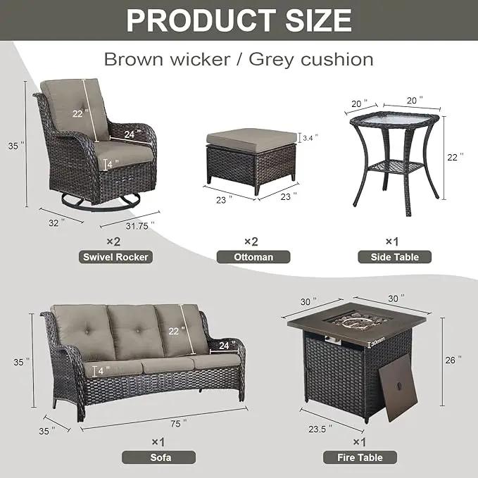 Outdoor Patio Furniture Set with Propane Fire Pit Table, 7 Pieces Wicker Patio Conversation Set with 2 Swivel Glider Rocker Chair Rattan Sofa Grey Cushion Perfect for Casual Gathering by GreenHaven Gardens