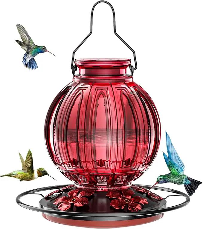 Glass Hummingbird Feeder for Outdoors Hanging, 26Oz Bird Nectar Feeder with Perch & 5 Flower Feeding Ports, Leak Proof for Outside Garden Decor Backyard, Gifts for Women Mom, Red by GreenHaven Gardens