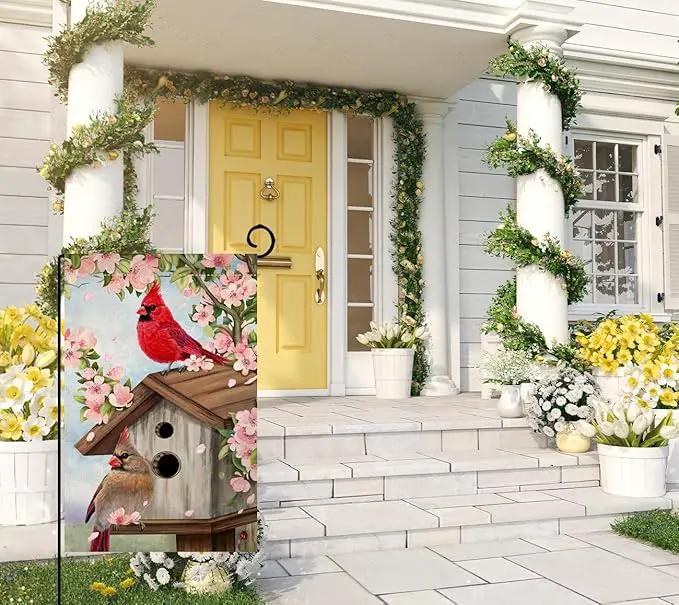 BLKWHT Spring Cardinal Bird Garden Flag 12x18 Vertical Double Sided Pink Flowers Tree Summer Farmhouse Holiday Outside Decorations Burlap Yard Flag BW792 by GreenHaven Gardens