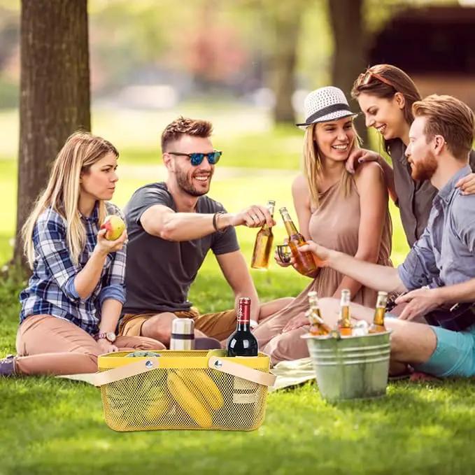 Portable Mesh Harvest Basket - Natural Bamboo Handle Foldable Organizer for Kitchen, Garden & Picnic | Ventilated Storage Bin with Rust-Proof Wire, Space-Saving Farmhouse Decor (Lemon Yellow) by GreenHaven Gardens