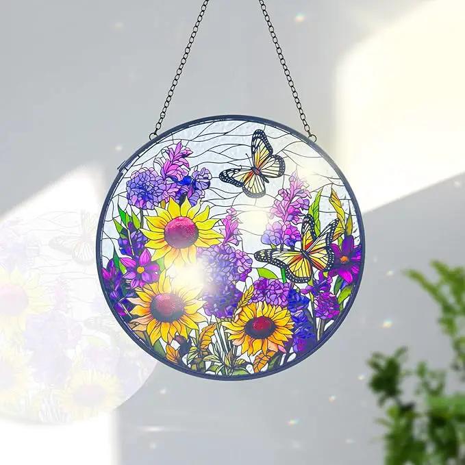 Butterfly Sunflower Stained Glass Suncatchers - Handcrafted Round Glass Art for Windows & Doors Décor - Decoration for Home Garden Christmas Party Wedding Housewarming Gifts by GreenHaven Gardens