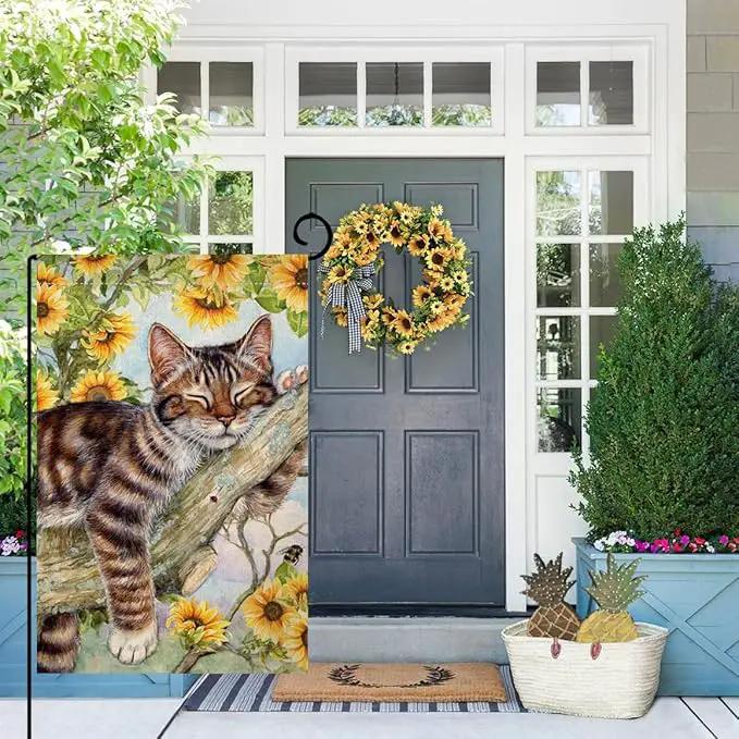 BLKWHT Summer Cat Garden Flag 12x18 Inches Double Sided for Outside, Sunflower Burlap Small Seasonal Yard Flag for Outdoor Decor BW640 by GreenHaven Gardens