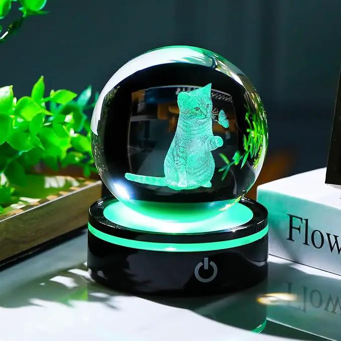 YWHL 3D Crystal Ball Cat Gifts for Women Cat Lover for Christmas Birthday, Laser Cat and Butterfly Figurine with LED Base, Cat Ornament Glass Decorative Ball Globe Night Light for Home Decor (80mm) by GreenHaven Gardens
