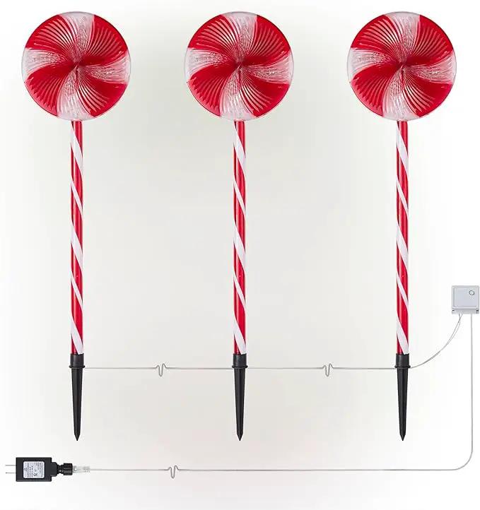 Alpine Corporation 28" H Outdoor Candy Cane Yard Stakes with Red and White LED Lights (Set of 3), Christmas Decoration by GreenHaven Gardens