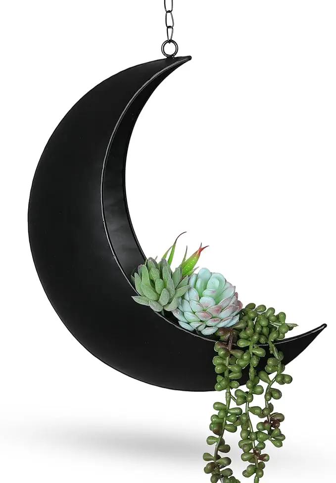 Black Hanging Moon Planter with Drain Holes - Moon Room Decor - Unique Planters for Succulents,Air Plant, Cactus, Artificial Plants- Plant Lover Gifts - Boho,Hippie, Birthdays,Witchy Gifts for Women by GreenHaven Gardens