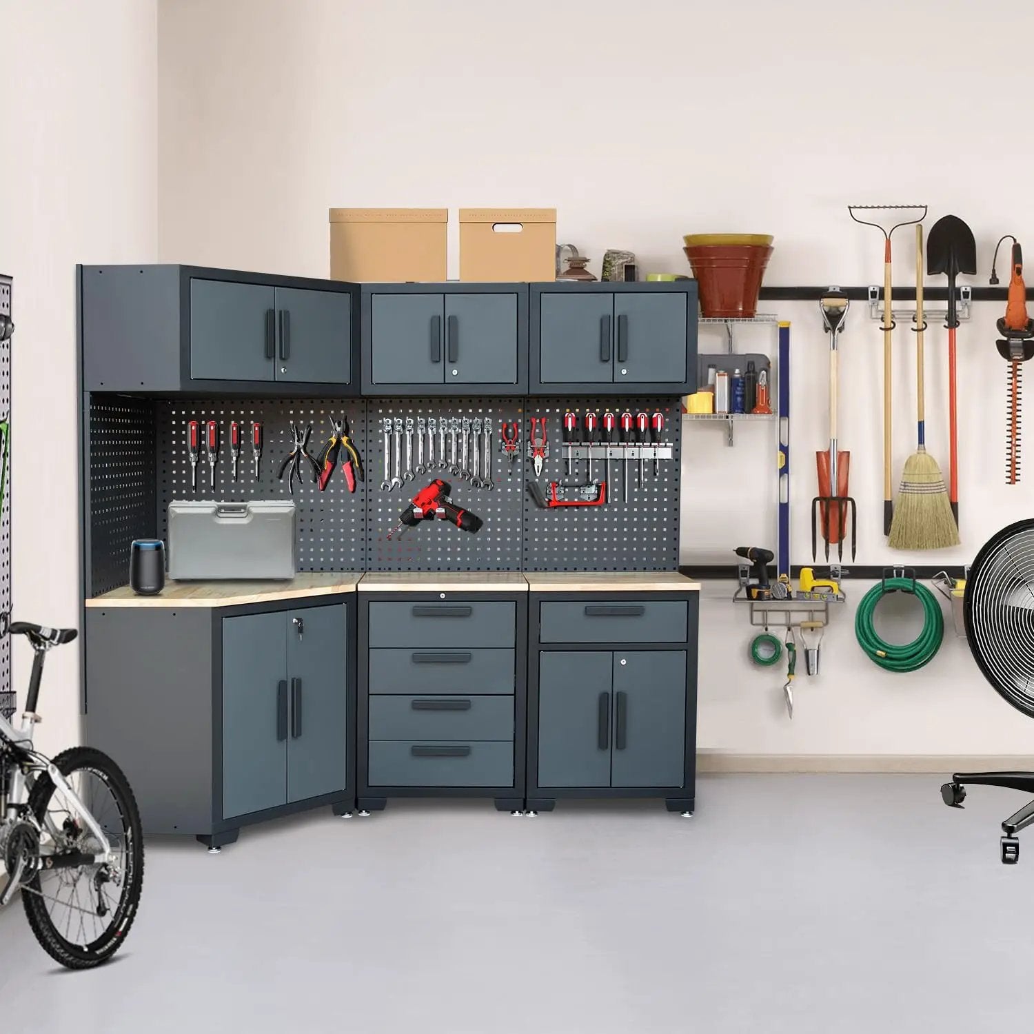Garage Storage Cabinet System - 8-Piece Set with Corner Cabinet, Drawers, Workbench, Pegboard for Tool Organization - Black and Grey by GreenHaven Gardens