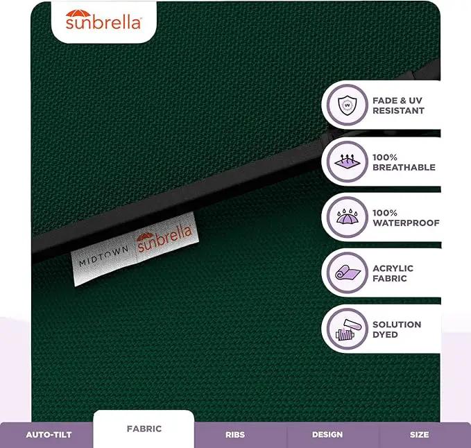 Midtown Umbrellas Sunbrella Umbrella 8 Feet Outdoor Umbrella With Sunbrella Forest Green Acrylic Fabric - Auto-Tilt Aluminum Frame Patio Umbrella For Backyard, Deck, Garden, Pool - Black Pole by GreenHaven Gardens