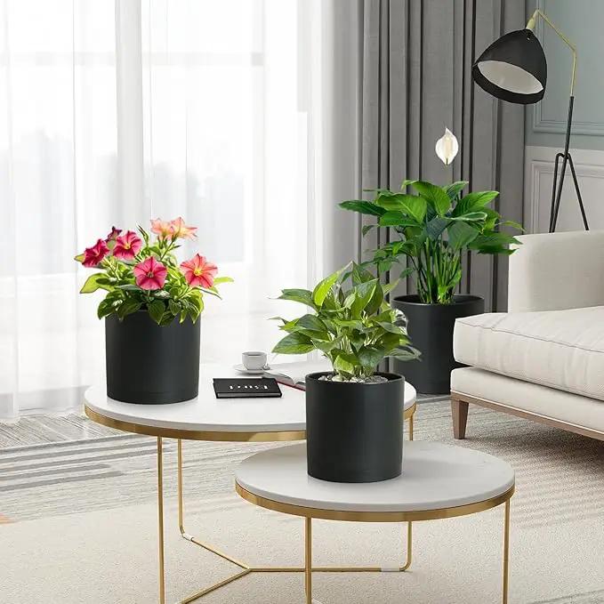 8/7/6 inch Plant Pots, 3 Set Cylinder Flower Pots for Outdoor Indoor Plants, Decorative Plastic Planters with Drainage Holes and Saucers for Garden House Plants, Black by GreenHaven Gardens