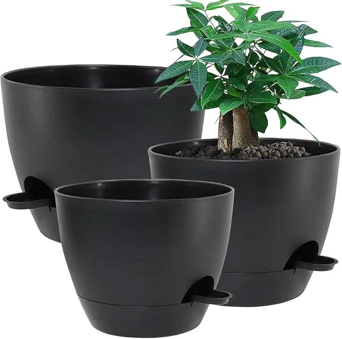 Large Self Watering Pots, 12/10/9 Plastic Planters with High Drainage Holes and Deep Reservoir for Indoor Outdoor Garden Plants and Flowers, Black by GreenHaven Gardens