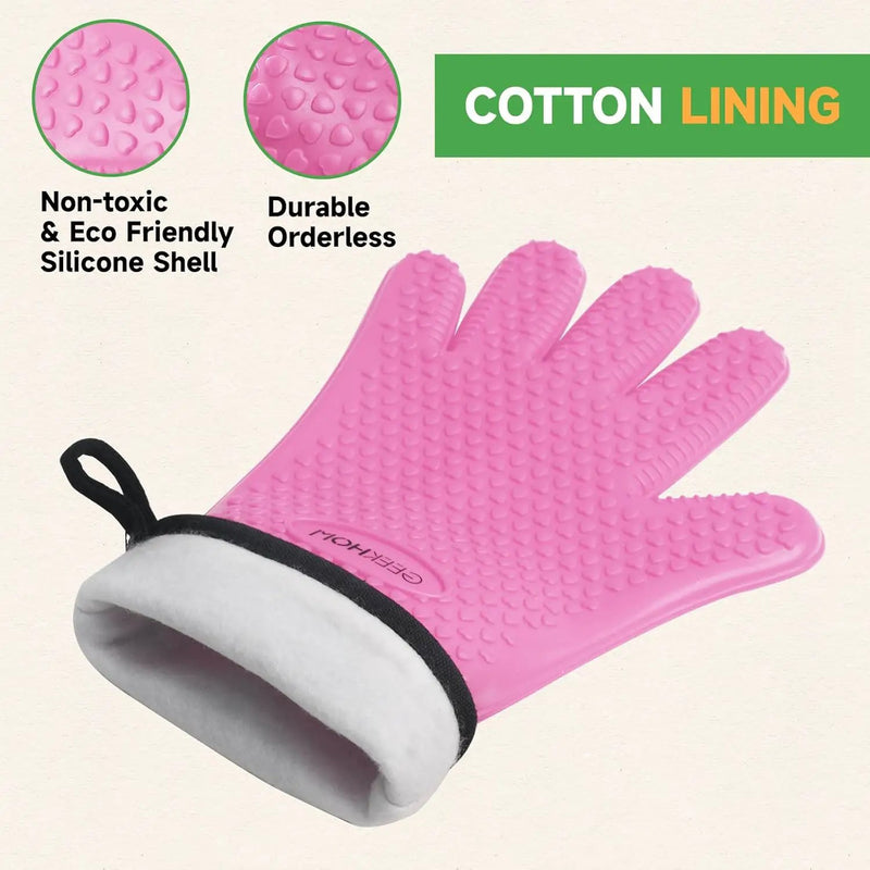 GEEKHOM BBQ Gloves Heat Resistant Oven Mitts - Silicone Grilling Gloves with 13.7" Arm Protection - Waterproof Pot Holder Non-Slip for Men & Women, Kitchen Outdoor Cooking, Baking, Camping, Pink by GreenHaven Gardens