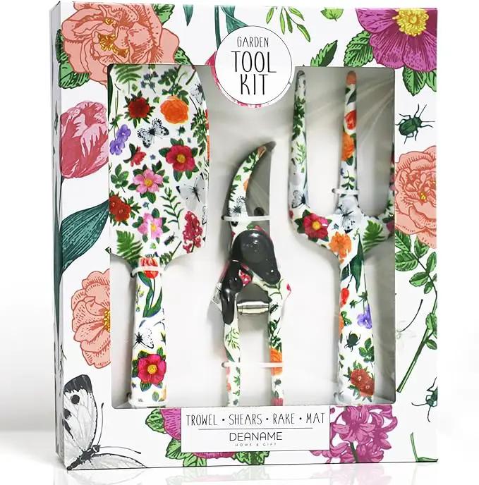 Garden Tool Set, 4 PCS Heavy Gardening Kit Heavy Duty Floral Hand Tools, Fancy Gifts for Women, Including Trowel, Sharp Pruner, Hand Rake, and Mat (White Set) by GreenHaven Gardens