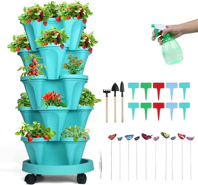 Vertical Planter, 5 Tier Stackable Strawberry Planter with Garden Tool Set, Movable Indoor/Outdoor Garden Herb Pot for Growing Vegetables and Succulents, Teal by GreenHaven Gardens