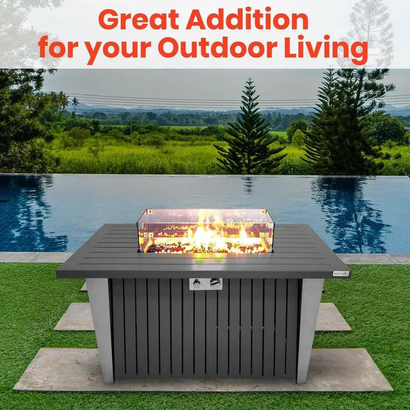 Outdoor Propane Fire Pit Table - CSA/ETL Certified 50,000 BTU Pulse Ignition Weatherproof Rectangle Propane Gas Fire Table w/Adjustable Flame - Glass Rocks Wind Guard, Black - SereneLife SLFPSX55 by GreenHaven Gardens