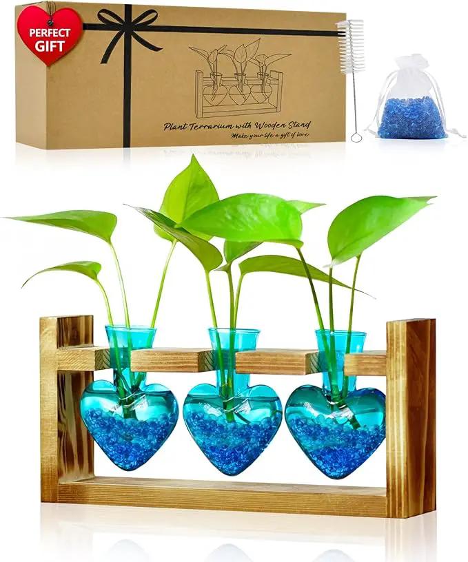 Nacome Plant Terrarium for Office Decor: Wooden Stand Tabletop Planter 3 Bulb Glass Vase Heart Shaped for Hydroponics Indoor Home - Birthday Gifts for Women Mom Grandma by GreenHaven Gardens