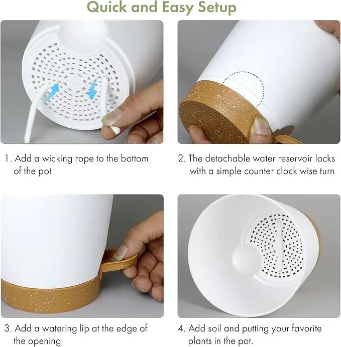 7/6.5/6/5.5/5/4 inch Self Watering Pots for Indoor Outdoor Plants, 6 Pack Plastic Flower Planters with Drainage Holes and Removable Saucers, Plant Pots with Wicking Rope, White Brown by GreenHaven Gardens