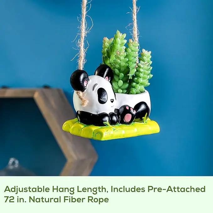 Panda Hanging Planter, Succulent Pot with Drainage, 6 ft Natural Fiber Cord, Ceramic Bear Animal Holder for Cacti & Small Plants, Decorative Panda Gift Decor for Women Men by GreenHaven Gardens