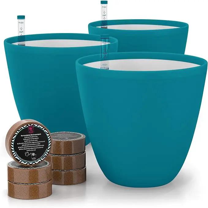 GARDENIX DECOR Self Watering Pots for Indoor Plants 3 Pack - Flower Pot with Water Level Indicator for Plants, Grow Tracking Tool - Self Watering Planter Plant Pot - Coco Coir - Teal by GreenHaven Gardens