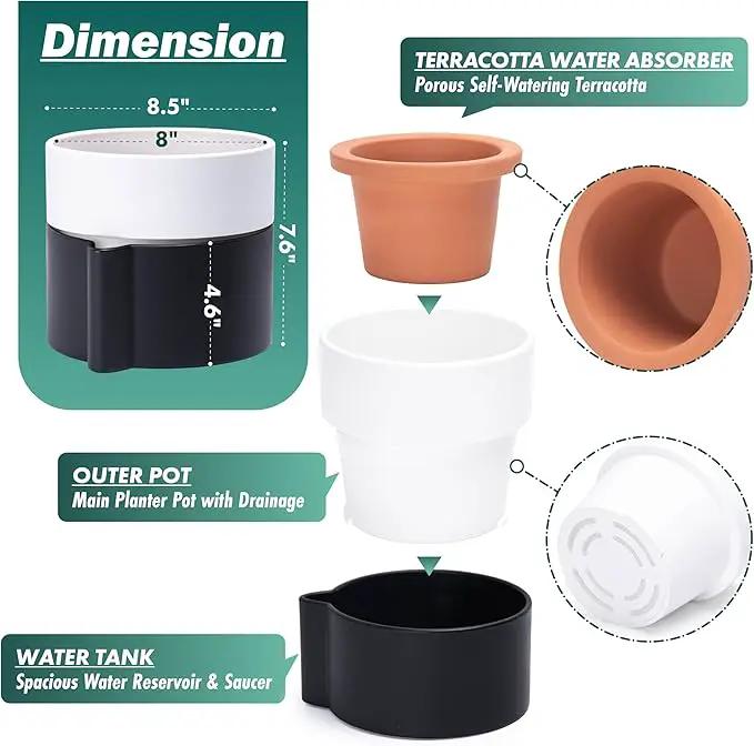 8 Inch Self-Watering Planter Pot with Terracotta Insert, Deep Water Reservoir, and Ceramic-Alike BPA-Free Plastic Planter Pot for Plant, Modern Planter for Houseplants, Black/White, 53-C-T-7 by GreenHaven Gardens