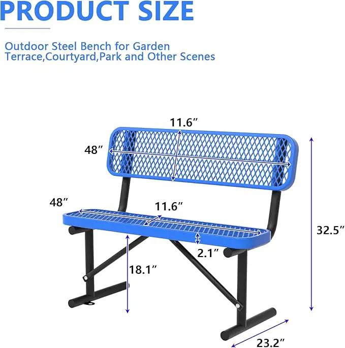 Heavy Duty Park Bench with Back Portable Frame, Outdoor Steel Bench with Backrest, Outdoor Park Bench Expanded Metal Mesh Bench for Lawn, Park, Deck, Garden, Patio, Porch, Black (Blue, 4FT) by GreenHaven Gardens