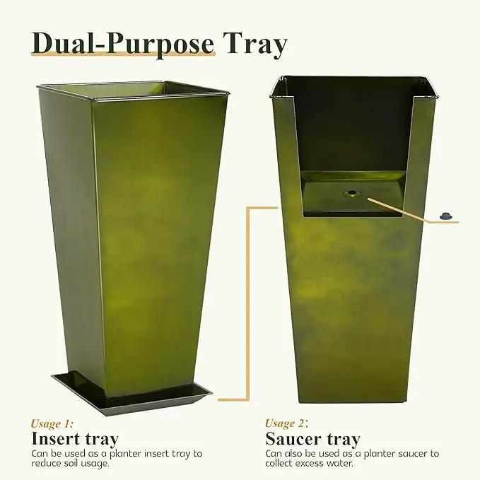 WORTH Garden Large Metal Glazed Planter Set of 2 (25" + 28"), Luxurious Glossy Finish Green Tall Square Tapered Steel Plant Pot, Decor Flower Pot Indoor & Outdoor, Drainage Hole & Dual-Purpose Saucer by GreenHaven Gardens