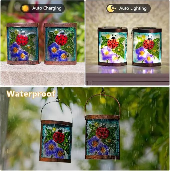 Starsoul 2 Pack Hanging Solar Lantern Outdoor Waterproof Glass Ladybug and Flowers Decorative Solar Lights for Outside Garden Yard Table Patio Decor by GreenHaven Gardens