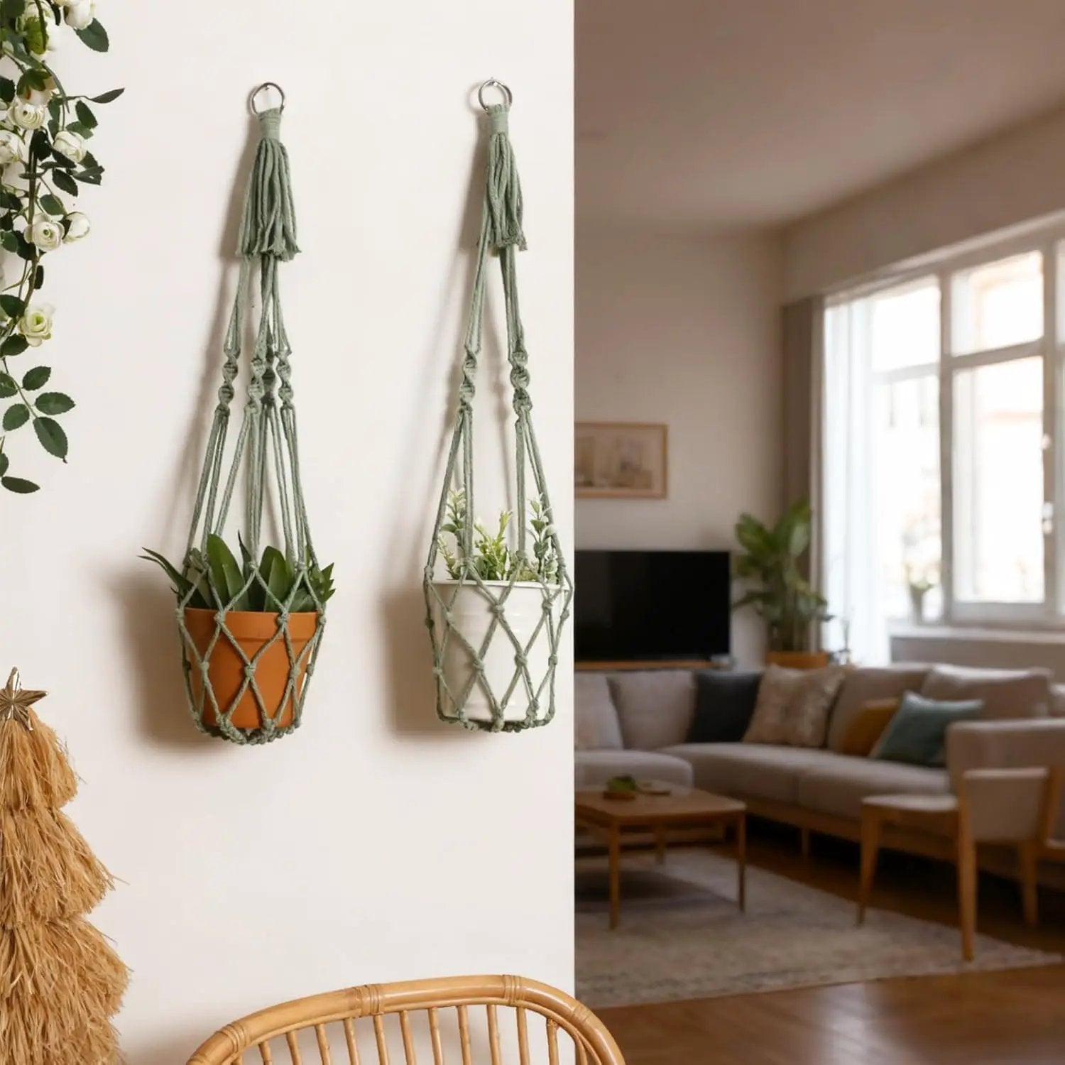 Artilady Macrame Hanging Planter for Indoor Plants, Boho Woven Plant Hanger Large Hanging Flower Pot Holders Outdoor Baskets Storage No Tassels Sage Green Wall Decor by GreenHaven Gardens