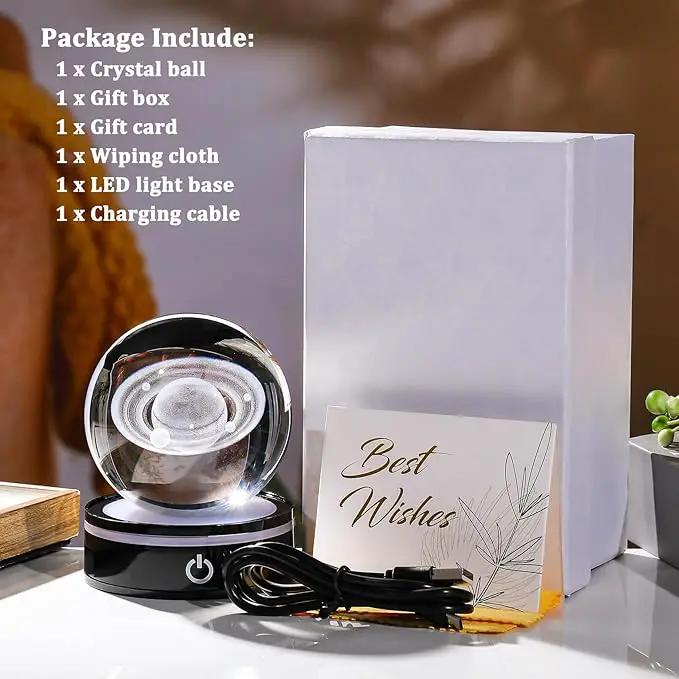 YWHL 3D Crystal Ball with LED Light Base, 3D Laser Engraved Glass Sphere Galaxy Crystal Ball for Home Decorations, Planet Saturn Lamp Gifts for Mother's Day Birthday Christmas (80mm) by GreenHaven Gardens