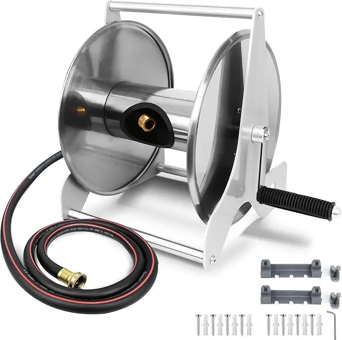 Stainless Steel Garden Hose Reel, Wall Mount or Floor Mounted with 3/4 Inch Brass Fittings Lead hose, 135 Ft Capacity with Crank Handle & portable hose reels for outside by GreenHaven Gardens