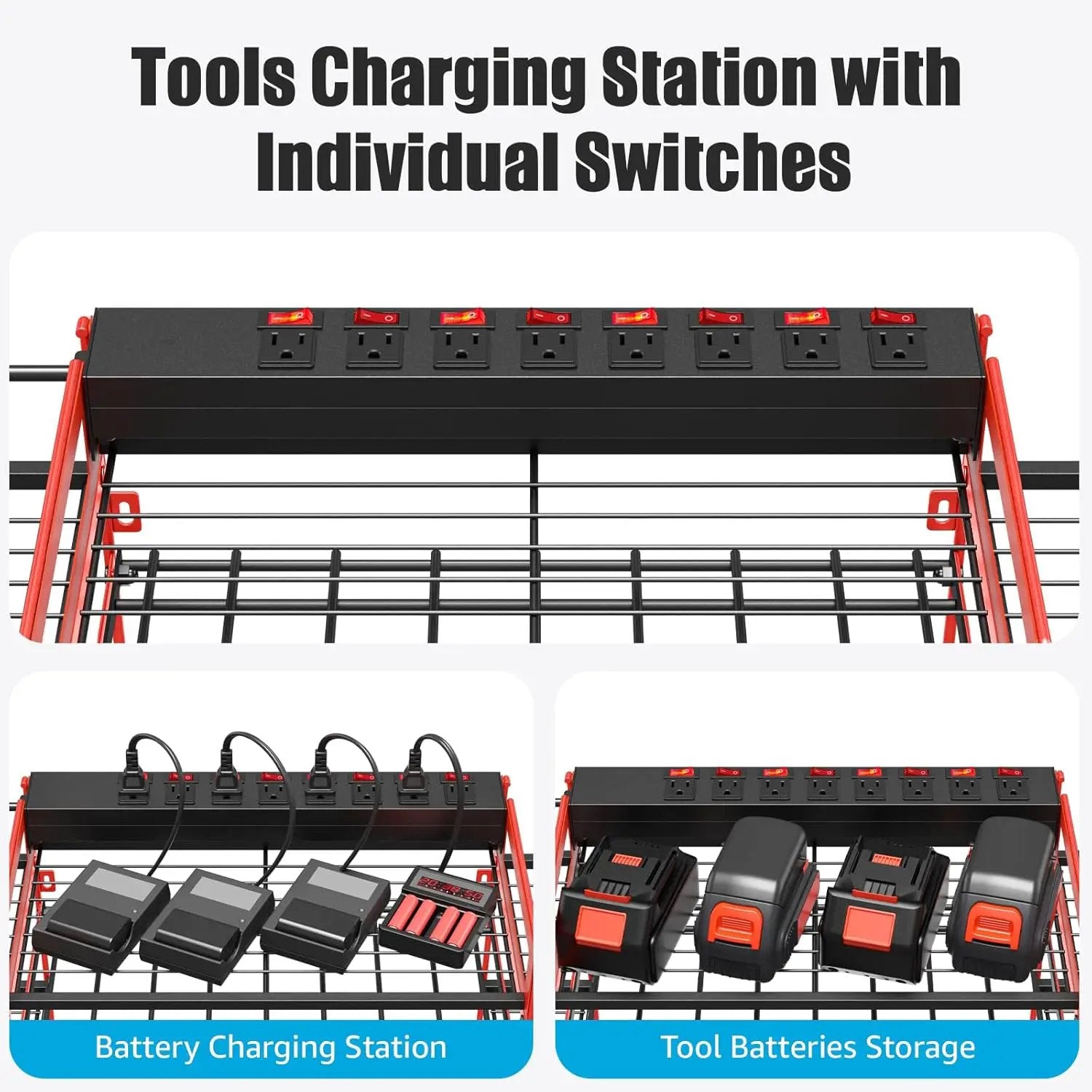CCCEI Red Power Tool Organizer Wall Mount, Large Tools and Battery Storage Rack Charging Station Individual Switches. Drills Holder, Garage Utility Shelves with 6FT Power Strip. Gift for Men. by GreenHaven Gardens