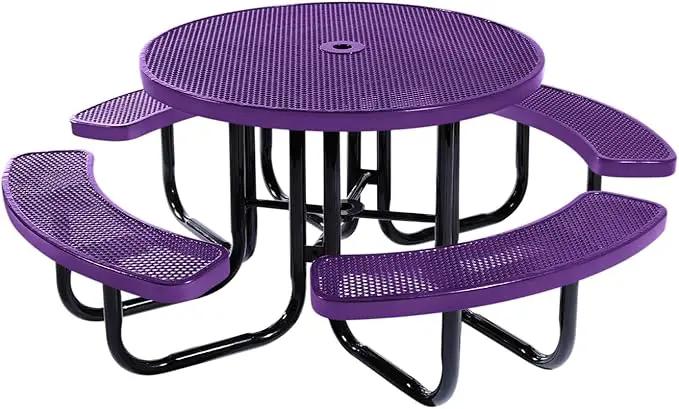 Heavy-Duty Portable Outdoor Picnic Table with Umbrella Hole, Punched Steel Commercial-Grade Patio Dining Furniture Made in America (46" Round Top, Textured Purple) by GreenHaven Gardens