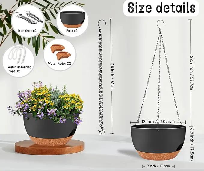 2 Pack 12 Inch Large Hanging Planters with Chains Self Watering Black Brown Plastic Hanging Pots for Indoor Outdoor Plants, Garden Porch Home Decor，Black Brown by GreenHaven Gardens