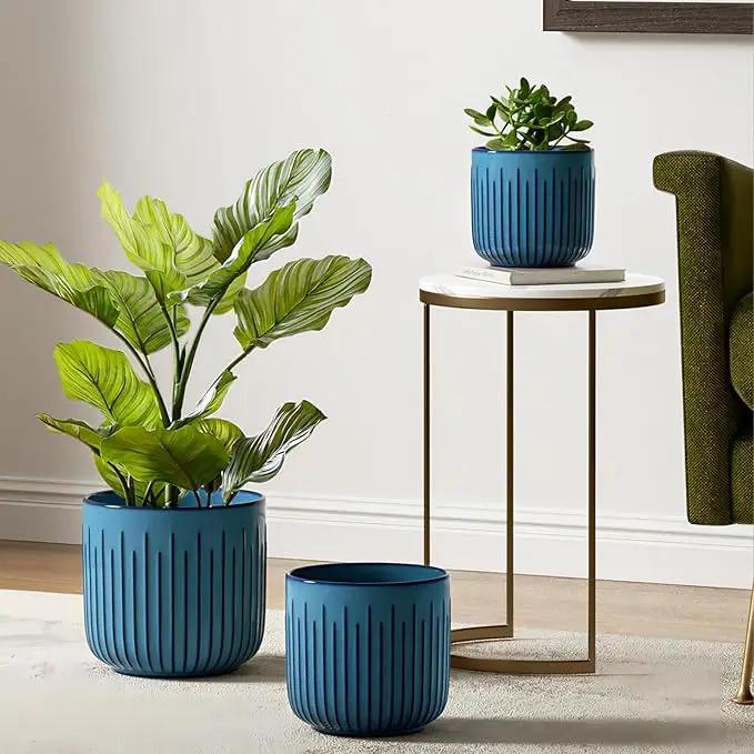 LE TAUCI Ceramic Pots for Plants, 8.3+6.9+5.7 inch Plant Pots Indoor, Flower Pots with Drainage Holes, Medium Cylinder Planters Pot for Indoor House Plants, Set of 3, Glaze Ocean Blue by GreenHaven Gardens