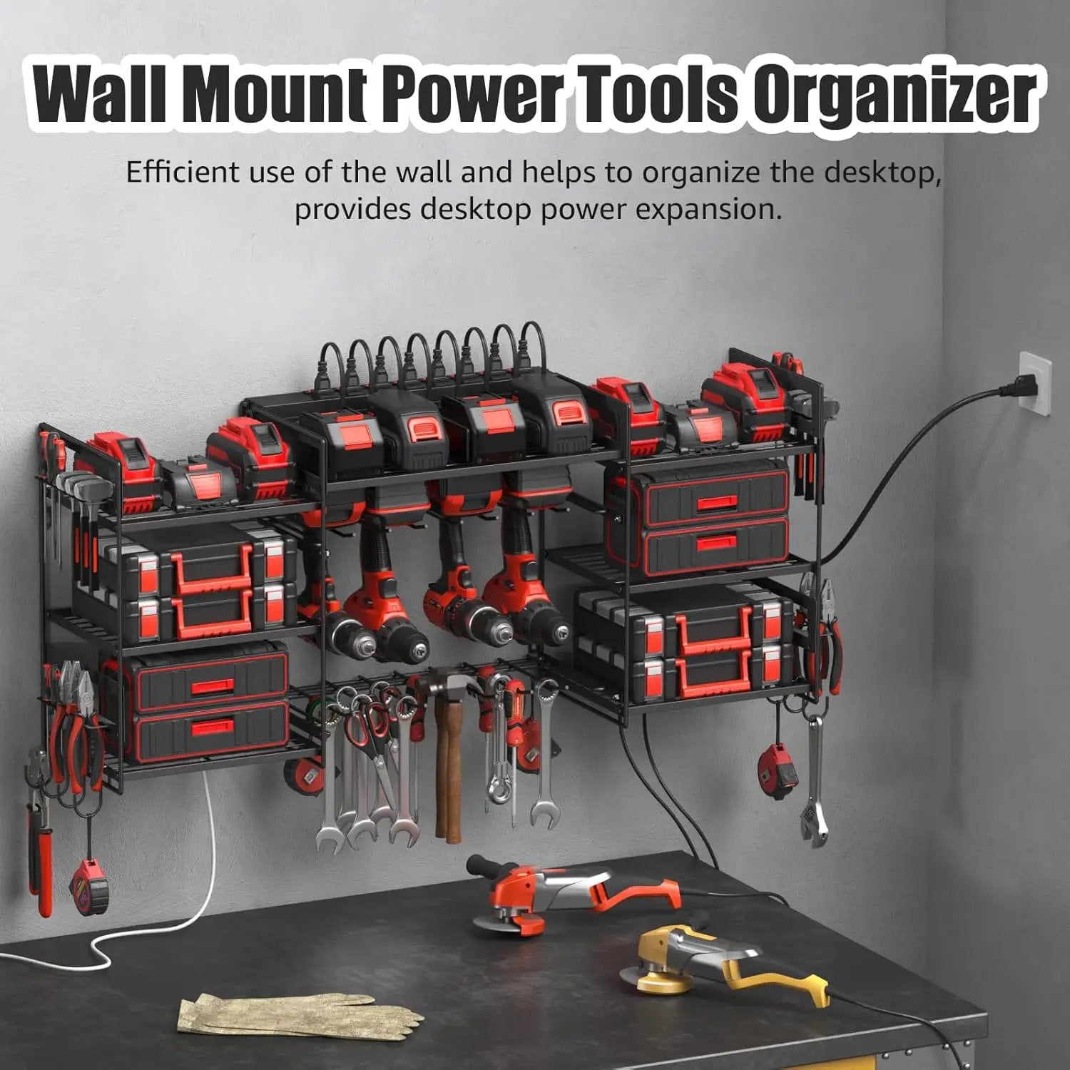 CCCEI Black Power Tool Organizer Wall Mount, Large Tools and Battery Storage Rack Charging Station Individual Switches. Drills Holder, Garage Utility Shelves with 10FT Power Strip. Gift for Men. by GreenHaven Gardens