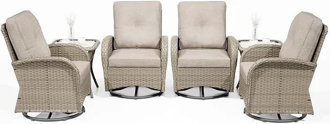 Joyside Outdoor Swivel Rocker Chairs, 6 Piece Wicker Patio Set with Thick Cushion and Side Table, Rattan Patio Swivel Rocking Chairs for Porch, Deck Use (Natural/Beige, 6 PCS) by GreenHaven Gardens