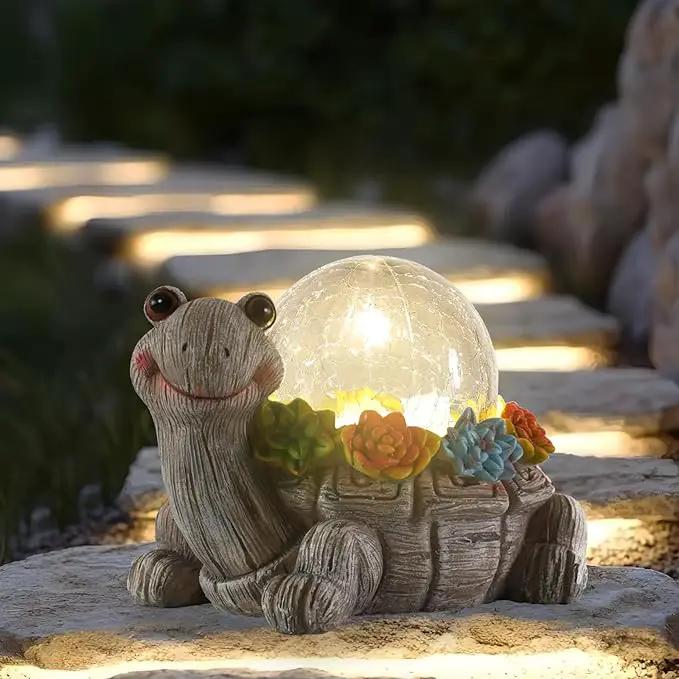 Solar Turtle Garden Statue Lights for Outdoor Decor with Cracked Glass LED Figurine Lighting Resin Succulent Tortoise Decorations Patio Lawn Yard Housewarming Mom Gifts (Grey, Large) by GreenHaven Gardens
