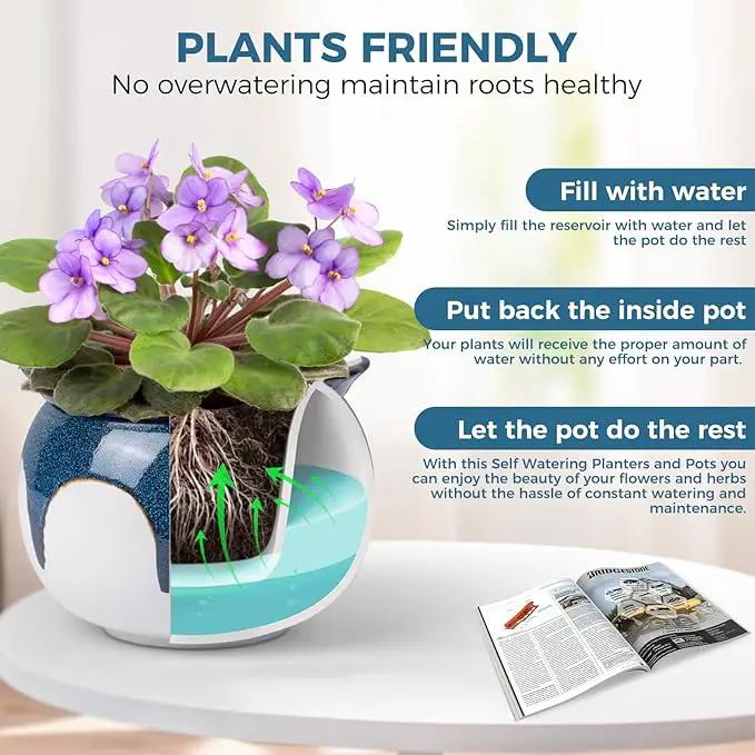 African Violet Pots, 6 inch Ceramic Easy Self Watering Plant Pot for Busy Plant Lovers, Automatically Absorb Appropriate Amount of Water, Flower Pot Indoor-Plants Not Included(Blue) by GreenHaven Gardens