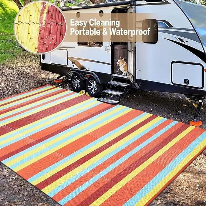 Outdoor Waterproof Rug 8'x10' Plastic Straw Rugs Washable Reversible Floor Mat Rainbow Stripe Carpet for Camping RV Deck Entryance Porch Picnic Balcony Beach Backyard by GreenHaven Gardens