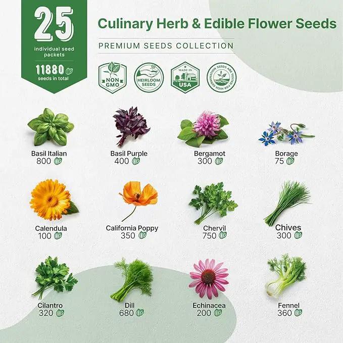 25 Culinary Herbs & Edible Flower Seed Variety Pack for Planting Indoor & Outdoors. 11900+ Non-GMO Heirloom Flower Seeds: Basil, Borage, Echinacea, Lavender, Oregano, Rosemary Seeds & More by GreenHaven Gardens