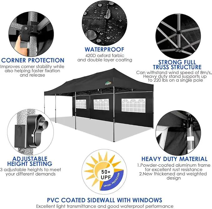 COBIZI 10x30 Pop up Canopy Tent 10x30 Canopy with Sidewalls, Heavy Duty Party Tent Tents for Parties, Foldable UPF 50+ Waterproof Commercial Easy up Canopy with Roller Bag, Black(Windproof Upgraded) by GreenHaven Gardens