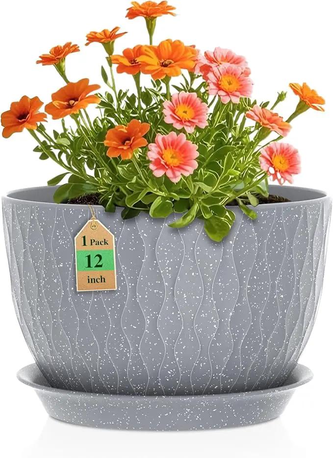 12 Inch Wide Water Ripples Flower Pots for Indoor or Outdoor Plants, Large Plant Pots with Drainage Holes & Saucer, Plastic Planters Set for Garden & Home Decor (Grey with White Speckles) by GreenHaven Gardens