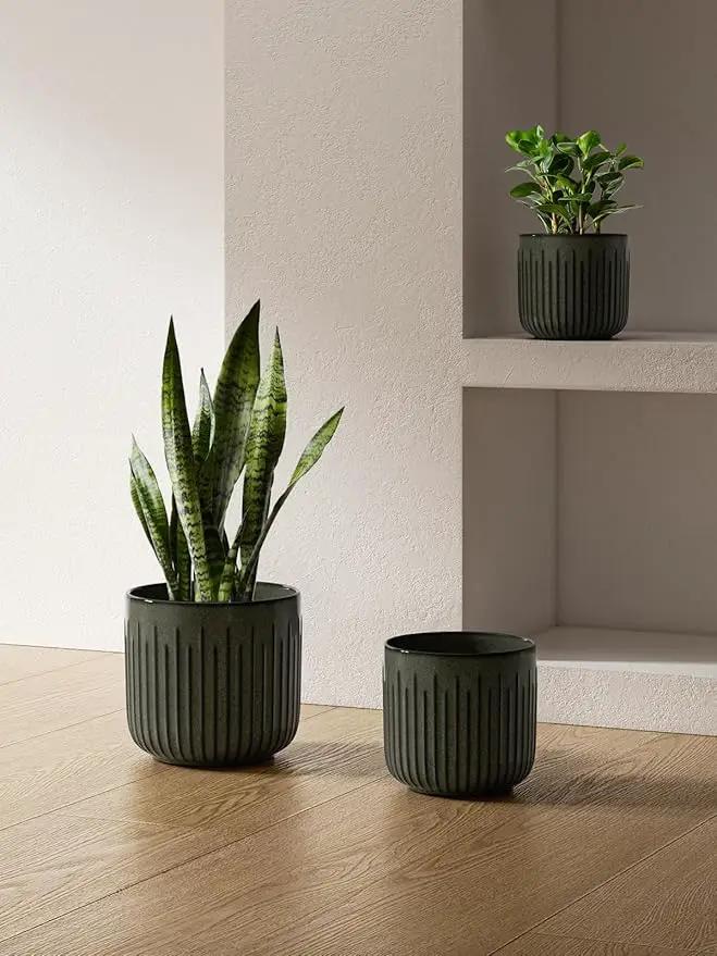 LE TAUCI Fluted Ceramic Planters Set of 3 – 8.3/7 / 5.7 in Dark Olive Reactive Cylinder Indoor Plant Pots with Drainage Plug & Mesh, Glossy Stoneware Flower Pots for Succulents Herbs by GreenHaven Gardens