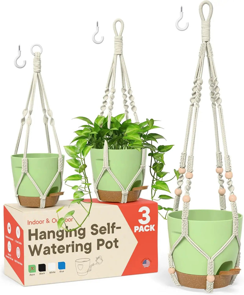 Green Hanging Self Watering Pots with Macrame Ivory Rope, 3 Pack Indoor & Outdoor Hanging Plant Pots with Built-in Reservoir, Wick Rope, Drainage Holes & Hooks, Stylish Boho Decor Hanging Planter by GreenHaven Gardens