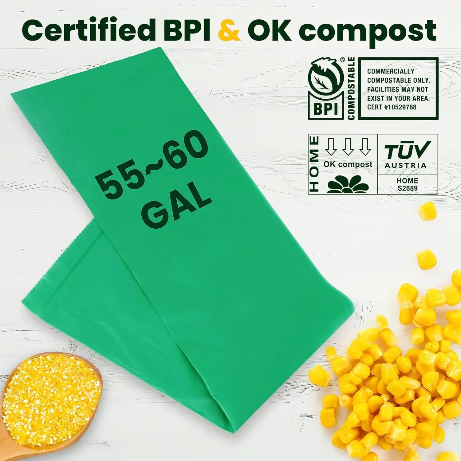 55-60 Gallon Compostable Trash Bags Liners, Heavy Duty Extra Thick 1.57 Mil, 208.2 Liter, 15 Bags, Lawn, Yard, and Restaurant Use, ASTM D6400, US BPI, OK Compost Home Certified by GreenHaven Gardens