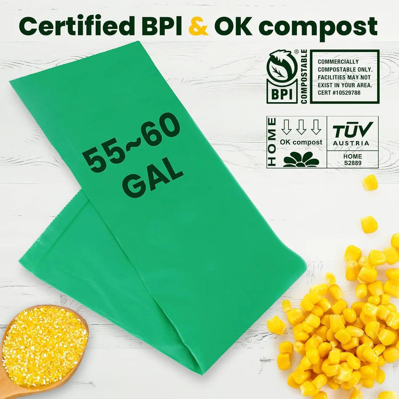 55-60 Gallon Compostable Trash Bags Liners, Heavy Duty Extra Thick 1.57 Mil, 208.2 Liter, 15 Bags, Lawn, Yard, and Restaurant Use, ASTM D6400, US BPI, OK Compost Home Certified by GreenHaven Gardens