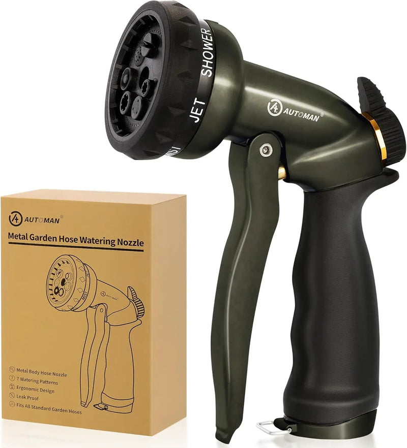 AUTOMAN Garden Hose Nozzle - 7 Patterns Sprayer, 100% Metal High Pressure Spray Nozzle, Labor-Saving Design, Heavy Duty Water Hose Nozzle for Garden Watering, Car Washing, Window Cleaning,Pets Bathing by GreenHaven Gardens