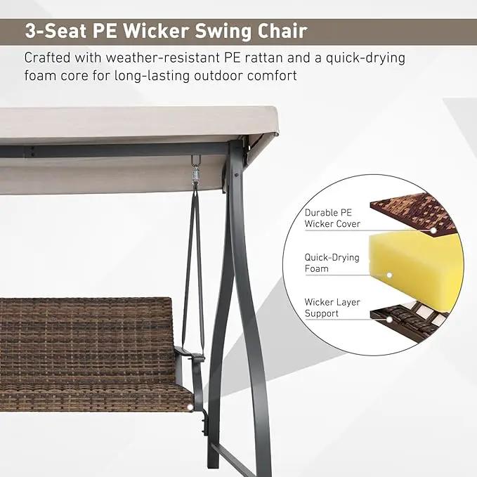 BPS 3 Seat Outdoor Porch Swing with Adjustable Canopy, PE Wicker Patio Swing Chair with Quick-Drying Foam Seat, 882 LBS Capacity, Proch Swings for Deck, Backyard, and Lawn, Khaki by GreenHaven Gardens